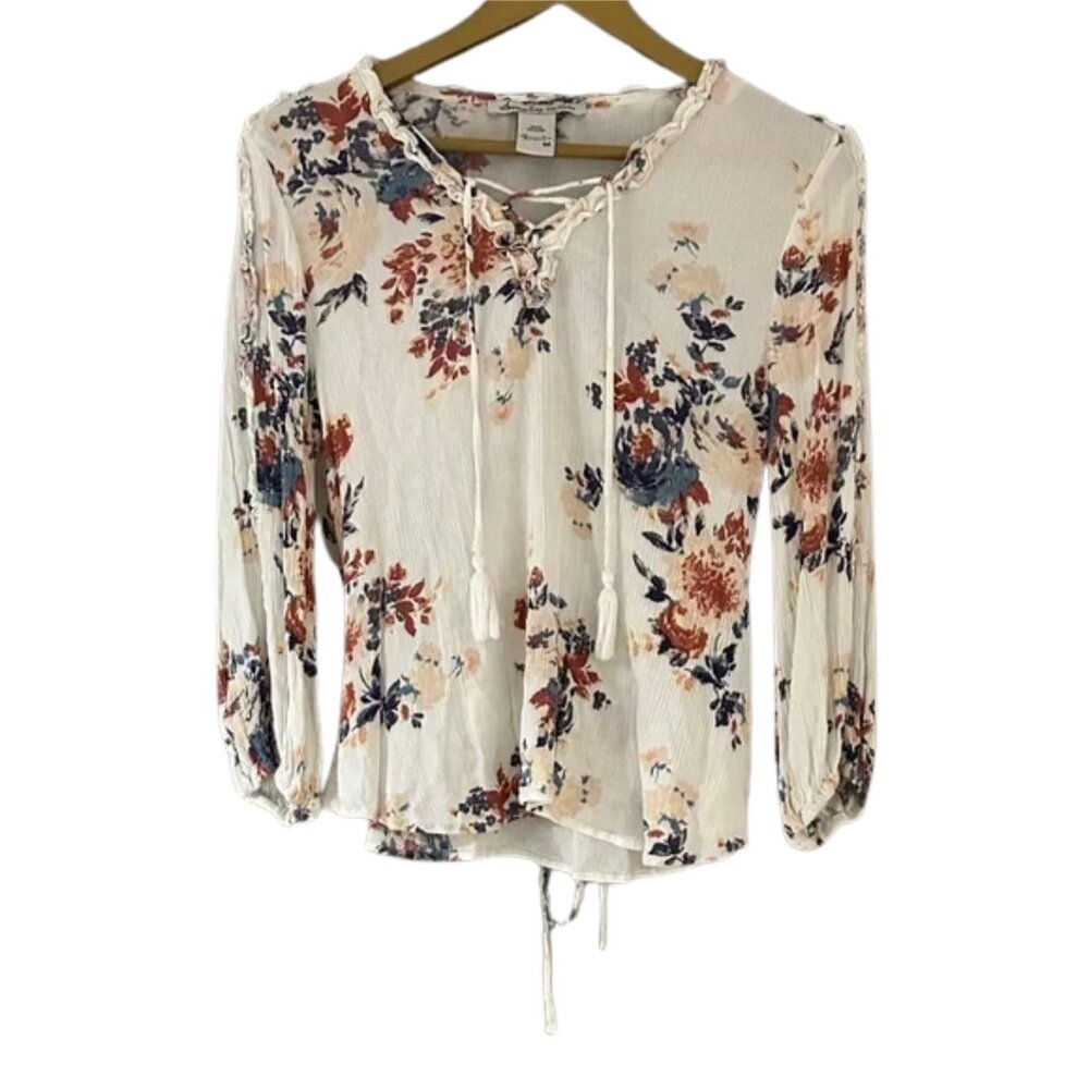 American Rag White Floral Peasant Blouse Lace-Up Boho Top